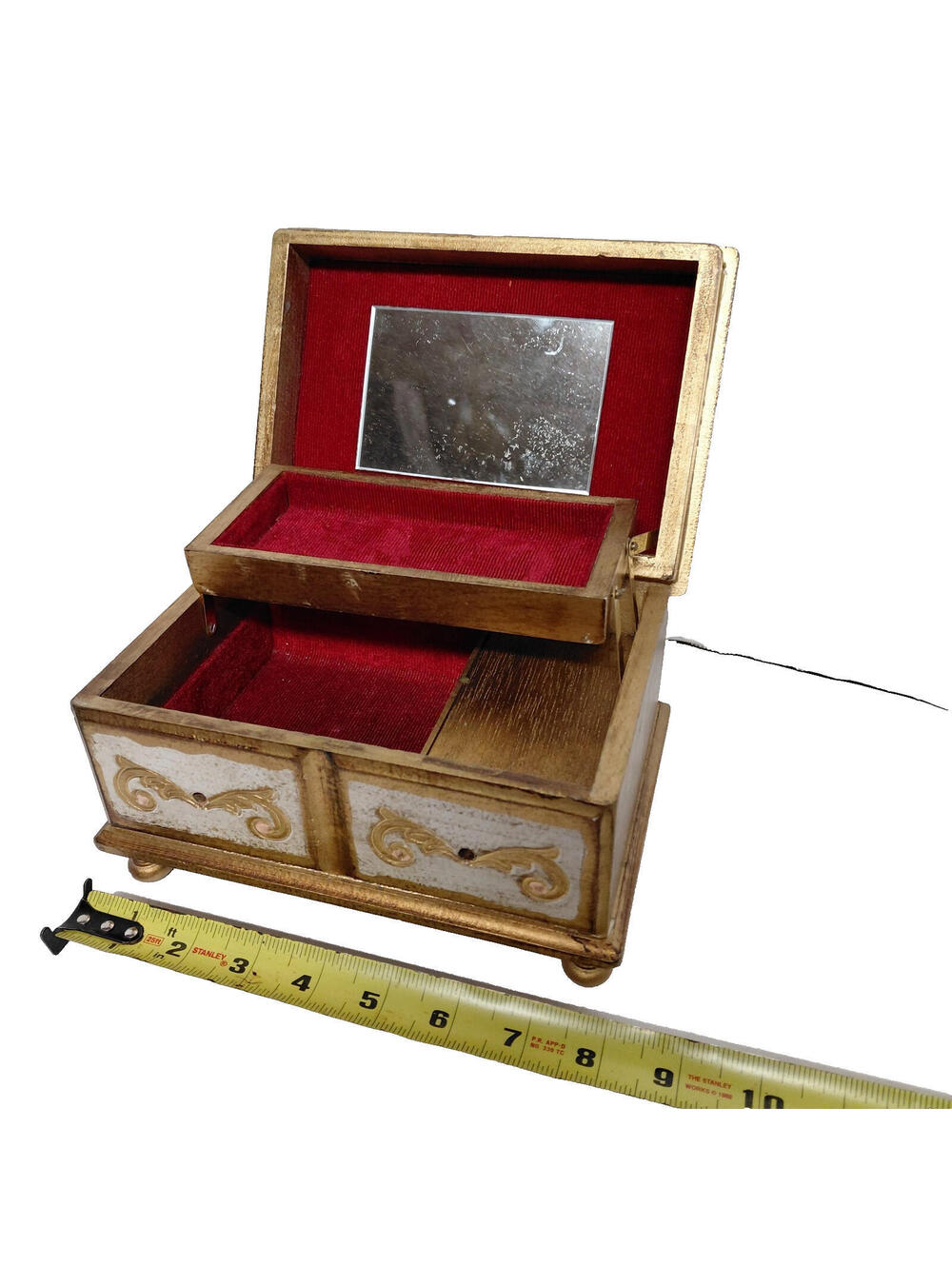Vintage Wooden Music Jewelry Box Working  Mirror Drawers Red Lined Trinket Chest